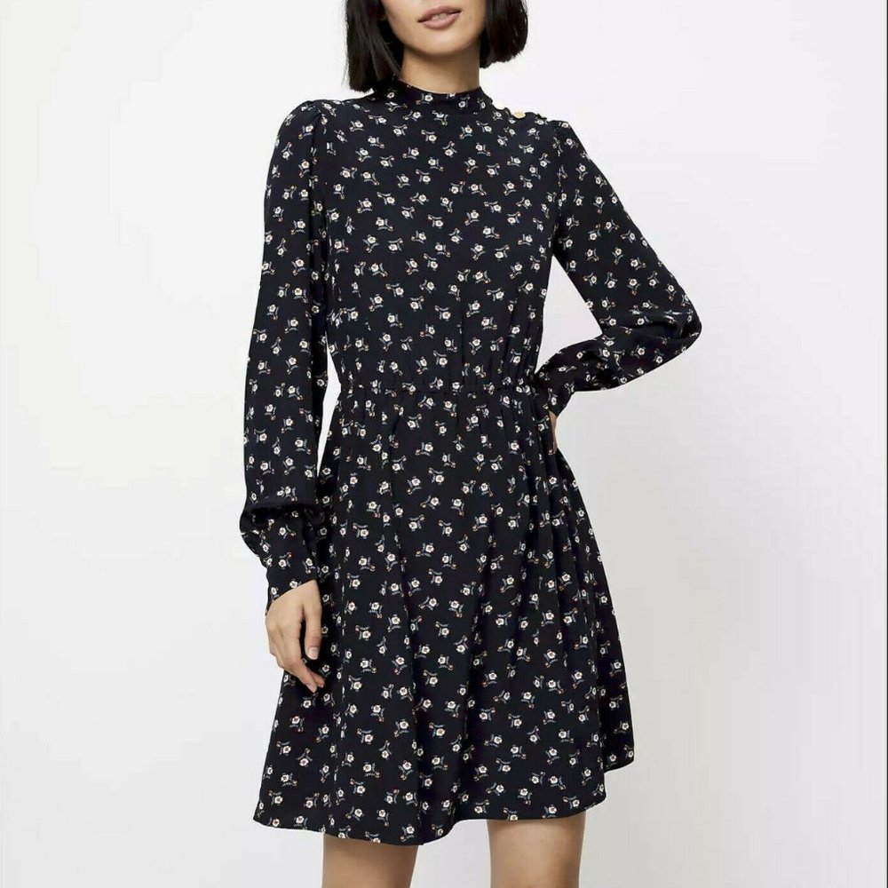 Loft Floral Shoulder Button Flare Dress M Tall